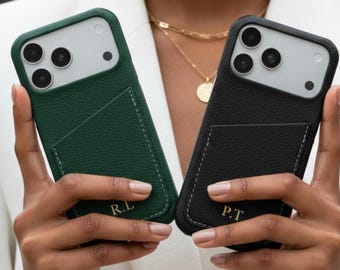 Cute Leather Phone Case for iPhone 17 16 15 14 Pro Max with Card Holder Personalized Phone Cases Initial Embossed Monogram, Best friend Gift