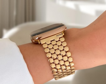 Correa de metal dorado para Apple Watch (41 mm, 44 mm, 45 mm, 46 mm y 49 mm), elegante pulsera de eslabones para Apple Watch Series 10, 9, 8, 7 y 6 SE, regalo de lujo para ella.