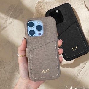 Sierlijk leren telefoonhoesje voor iPhone 16 15 14 Pro Max met kaarthouder Gepersonaliseerde telefoonhoesjes voorletter reliëf monogram, cadeau beste vriend
