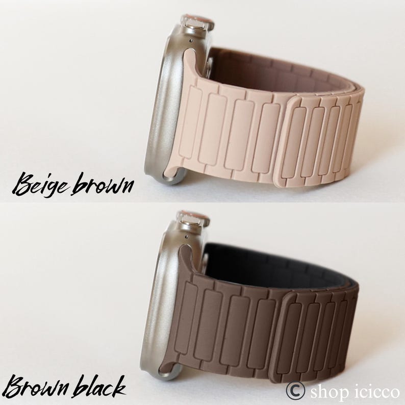 May include: Two smart watch bands in beige brown and brown black. The beige brown band is a light tan color, while the brown black band is a dark brown. The bands have a magnetic closure and a rectangular design. The watch cases are silver.
