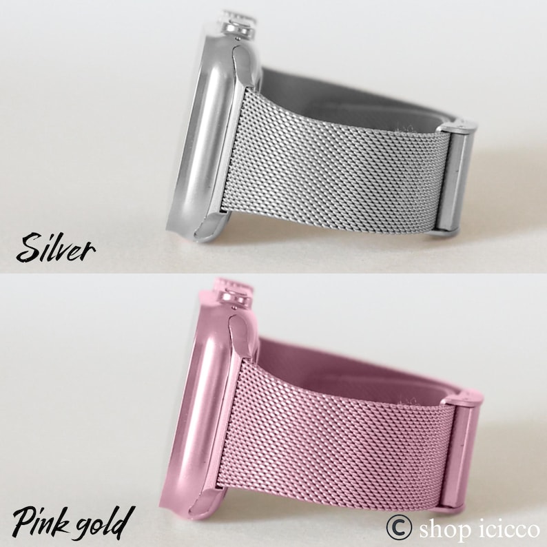 K&ouml;nnte beinhalten: Nahaufnahme von zwei Smartwatch-Armb&auml;ndern. Eines ist silberfarben mit einem passenden Mesh-Armband, das andere ist ros&eacute;goldfarben mit einem passenden Mesh-Armband. Das Wort "Silver" ist in schwarzer Schreibschrift &uuml;ber der silbernen Uhr geschrieben. Die Worte "Pink gold" sind darunter geschrieben.