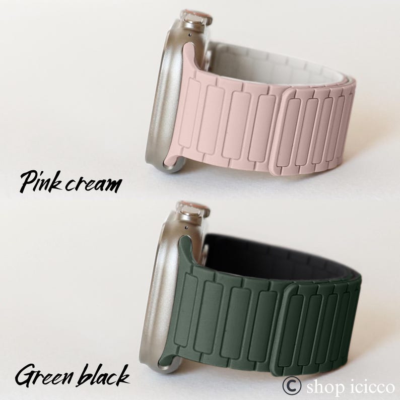 May include: Two smart watch bands are displayed. One is pink cream, the other is green black. The bands have a magnetic clasp and a rectangular design. The watch cases are silver. The text "Pink cream" and "Green black" are written on the image.