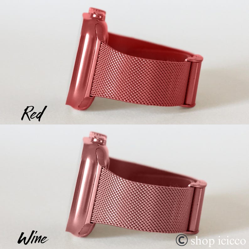 K&ouml;nnte beinhalten: Rote und weinfarbene Uhrenarmb&auml;nder. Die Armb&auml;nder haben ein metallisches Mesh-Design. Das Wort "Red" ist in Kursivschrift &uuml;ber dem roten Armband geschrieben, und das Wort "Wine" ist in Kursivschrift &uuml;ber dem weinfarbenen Armband.