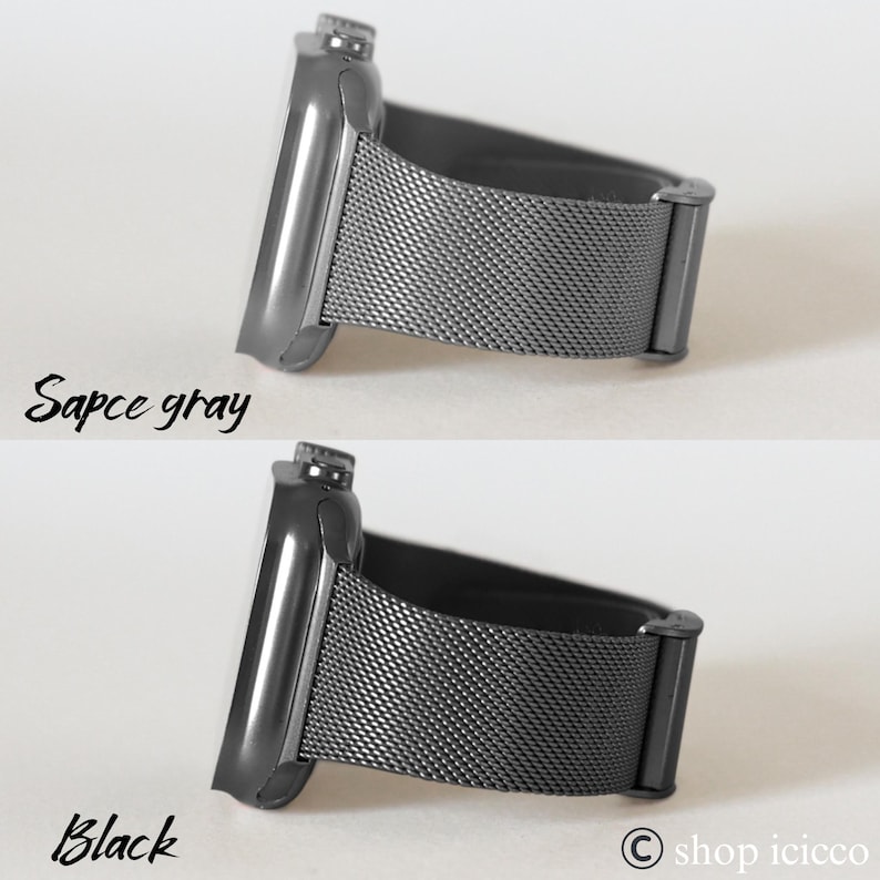 K&ouml;nnte beinhalten: Zwei Apple Watch-Armb&auml;nder in Space Grau und Schwarz. Die Armb&auml;nder bestehen aus einem Mesh-Material und haben einen Magnetverschluss. Das Space Grau-Armband wird &uuml;ber dem schwarzen Armband gezeigt. Der Text "Space gray" und "Black" ist unter jedem Armband geschrieben.