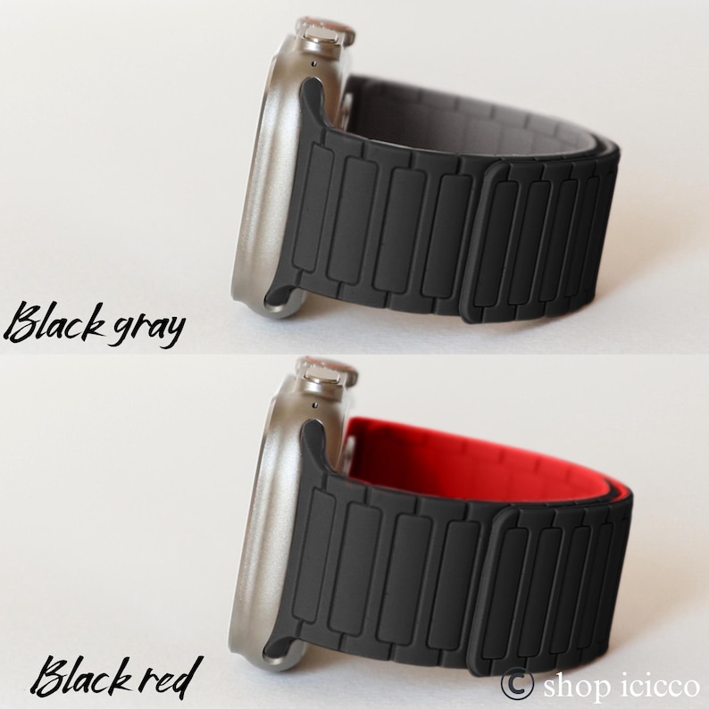 May include: A silver smartwatch with a black and gray band and a black and red band. The text "Black gray" and "Black red" are written in cursive on the left side of the image.