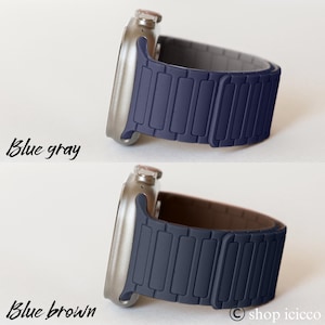 May include: A silver smartwatch with a blue band is shown in two variations. The first has a gray band interior, and the second has a brown band interior. The text "Blue gray" and "Blue brown" are written on the image.
