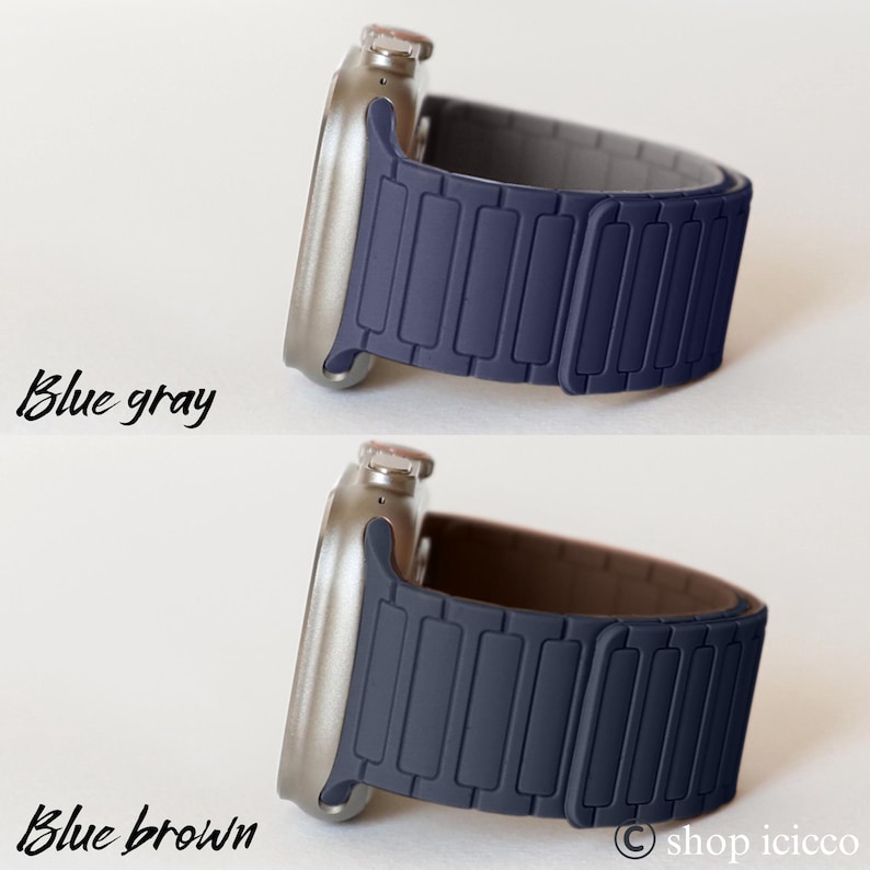 May include: A silver smartwatch with a blue band is shown in two variations. The first has a gray band interior, and the second has a brown band interior. The text "Blue gray" and "Blue brown" are written on the image.