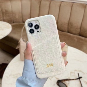 Dainty Leather phone case for iPhone 15 14 13 Pro Max with card holder Personalized Phone Cases Initial Embossed Monogram/ Best friend Gift