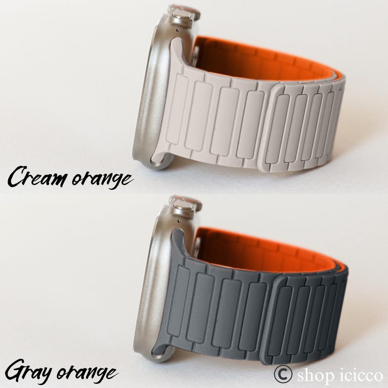 May include: Two smart watch bands are shown, one cream and orange, the other gray and orange. The bands have a magnetic clasp design. The text "Cream orange" and "Gray orange" are written on the image.