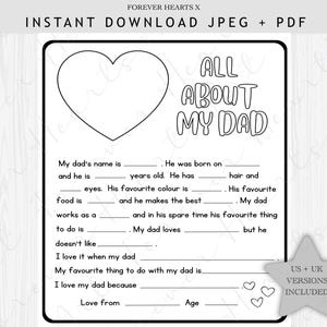 Entrevista imprimible "Todo sobre mi papá", cuestionario de actividades para niños, preguntas para papá, versiones para EE. UU. y Reino Unido, tamaño A4 + Carta, descarga digital