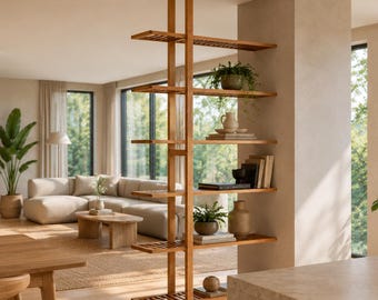 Custom Height Floor to Ceiling Room Divider Shelf | 6 Shelf Wooden Partition Unit
