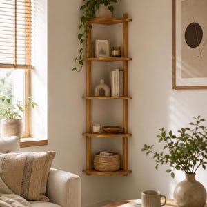 Tall Organic Oval Wooden Corner Shelf | Boho-Chic & Japandi Floating Wall Display image 15