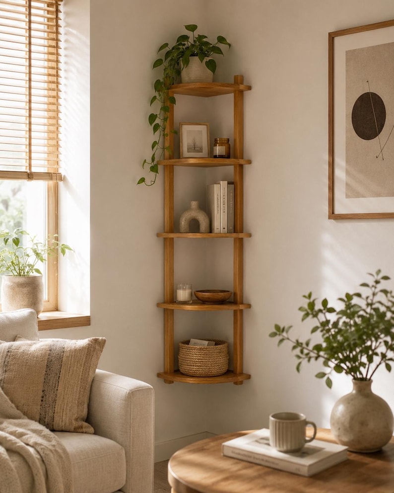 Tall Organic Oval Wooden Corner Shelf | Boho-Chic & Japandi Floating Wall Display image 15