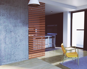Solid Wood Room Divider, Custom Slat Partition, Natural Jute Rope Accent