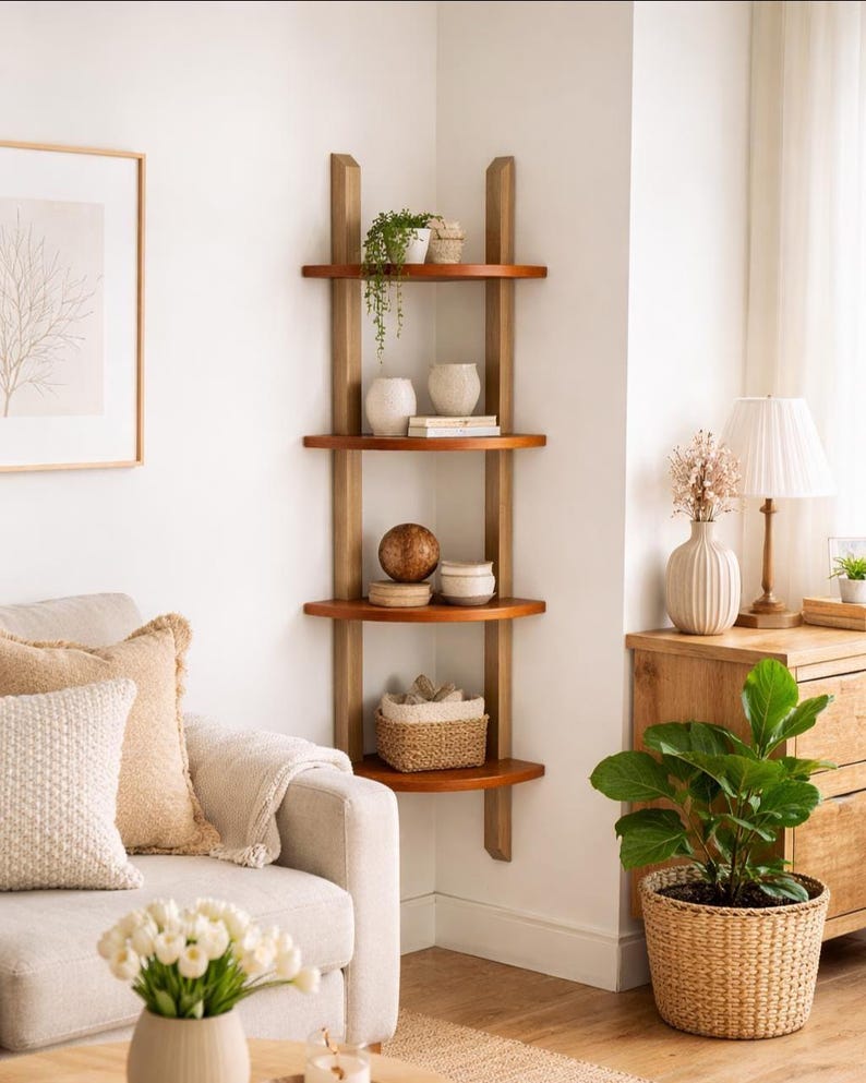 Wooden four tier wall mounted corner shelf styled in a modern livingroom, featuring skincare products, folded towels, woven basket storage and a potted plant