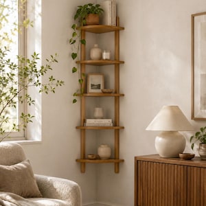 Tall Organic Oval Wooden Corner Shelf | Boho-Chic & Japandi Floating Wall Display image 17
