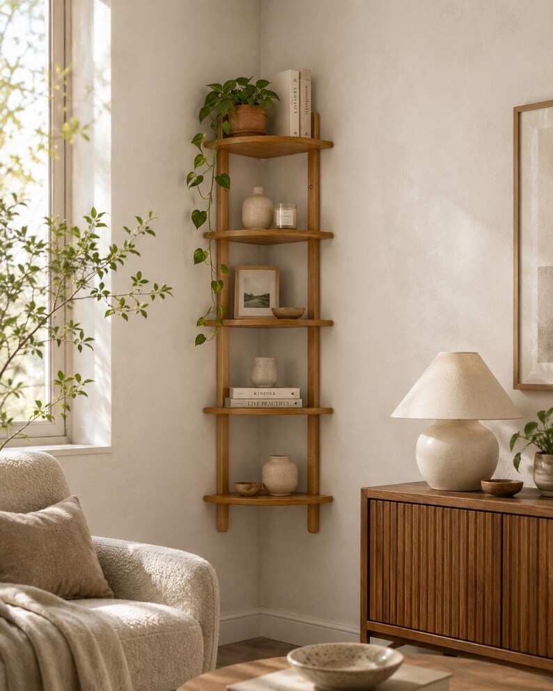 Tall Organic Oval Wooden Corner Shelf | Boho-Chic & Japandi Floating Wall Display image 17