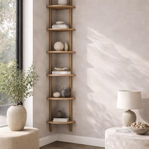 May include: A wooden corner shelf unit with six shelves, displaying decorative items like vases, books, and spheres. The shelves are supported by vertical wooden beams. The room features a neutral color palette with a large window and a round side table.