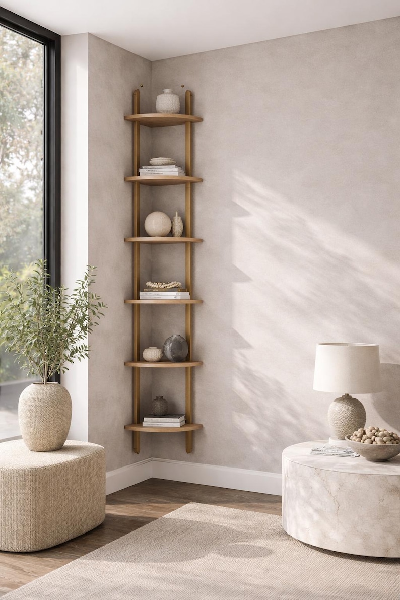 May include: A wooden corner shelf unit with six shelves, displaying decorative items like vases, books, and spheres. The shelves are supported by vertical wooden beams. The room features a neutral color palette with a large window and a round side table.