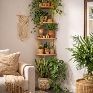 Natural wood corner shelf styled as a plant display in a warm neutral living room interior, featuring multiple houseplants, trailing pothos, small succulents and cactus pots, macrame wall hanging, beige sofa and woven decor, minimalist boho Scandinavian style home decor. vertical jungle corner idea