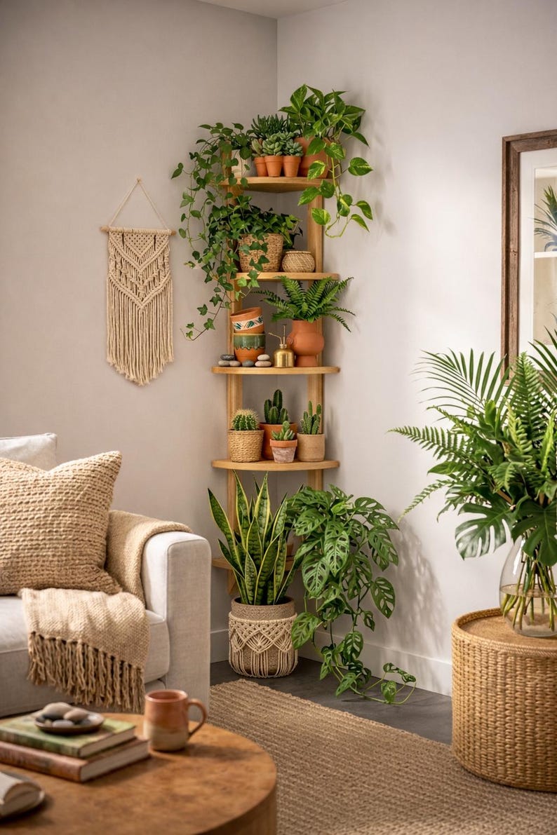 Natural wood corner shelf styled as a plant display in a warm neutral living room interior, featuring multiple houseplants, trailing pothos, small succulents and cactus pots, macrame wall hanging, beige sofa and woven decor, minimalist boho Scandinavian style home decor. vertical jungle corner idea