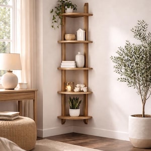 May include: A wooden corner shelf unit with five shelves, displaying decorative items like plants, books, and candles. The shelves are made of light-colored wood and are mounted on a white wall. The room has a neutral color palette with natural light.