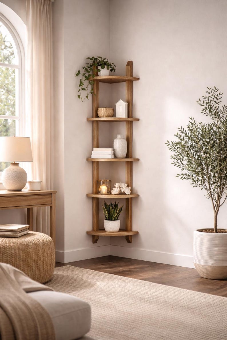 May include: A wooden corner shelf unit with five shelves, displaying decorative items like plants, books, and candles. The shelves are made of light-colored wood and are mounted on a white wall. The room has a neutral color palette with natural light.