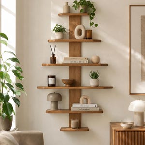 Op de afbeelding: Een houten wandplank met meerdere planken, met decoratieve items zoals planten, boeken, kaarsen en vazen. De planken zijn verticaal gerangschikt, waardoor een stijlvolle opberg- en presentatieoplossing ontstaat.