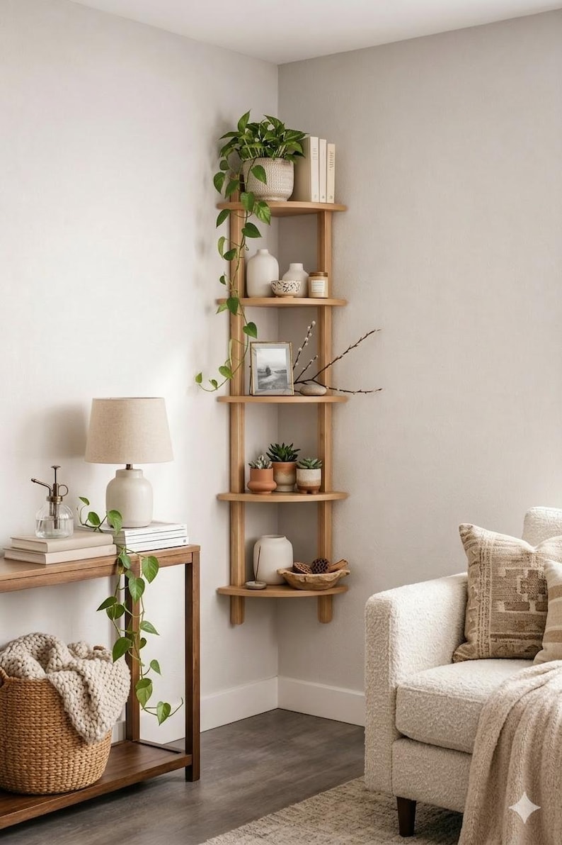 Minimalist Japandi corner shelf in a bright, airy room. The light wood shelving unit features matte white ceramic vases, a trailing Pothos plant, and neutral-toned books. Beside it, a wooden console table holds a cream lamp and a woven basket with a soft knit throw. The scene is decorated in a peaceful Zen style with natural textures, cream accents, and warm sunlight, creating a cozy sanctuary.