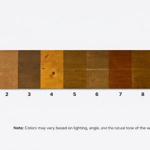 May include: A wooden color swatch with nine distinct shades, numbered 1 through 9. The colors range from light yellow to dark brown. The text at the bottom states that colors may vary based on lighting and angle.