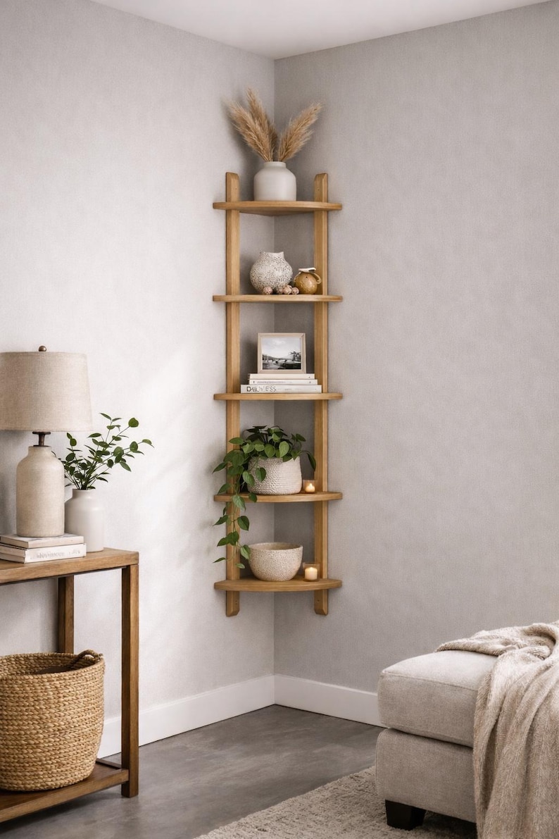 May include: A light wood corner shelf unit with five shelves, displaying decorative items. The shelves hold a white vase with tall dried grasses, ceramic pots, a framed picture, books, a potted plant, a bowl, and candles. The unit is in a neutral-toned room.