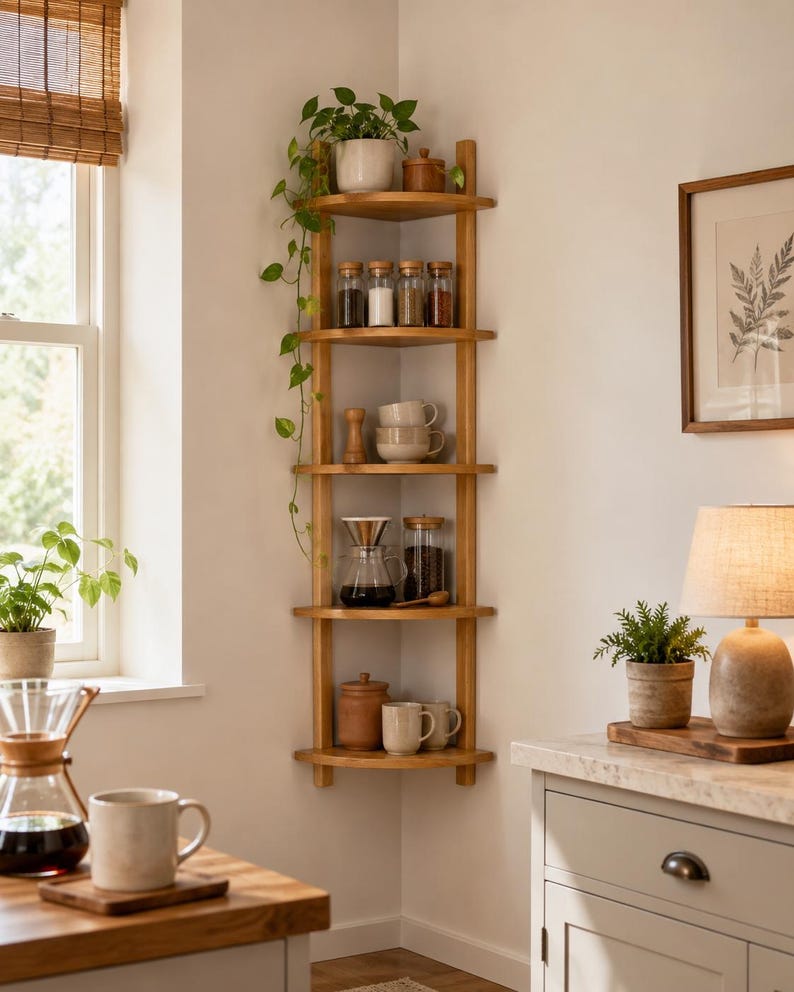 Wooden wall mounted corner shelf used as a kitchen coffee and spice rack, styled with glass jars, mugs, coffee accessories and indoor plants.