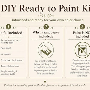 May include: DIY Ready to Paint Kit graphic with text: "What's Included", "Why is sandpaper included?", and "Paint is NOT included". Includes sanded wooden parts, a paint brush, sandpaper, protective cover, assembly hardware, and a simple guide.