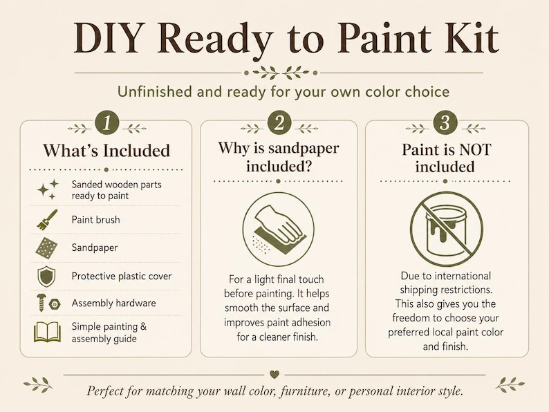 May include: DIY Ready to Paint Kit graphic with text: "What's Included", "Why is sandpaper included?", and "Paint is NOT included". Includes sanded wooden parts, a paint brush, sandpaper, protective cover, assembly hardware, and a simple guide.