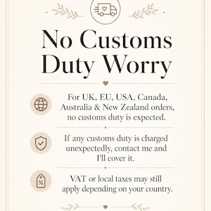 May include: Cream-colored graphic with the text "No Customs Duty Worry." It states no customs duty is expected for orders from the UK, EU, USA, Canada, Australia & New Zealand. It also mentions VAT or local taxes may apply.