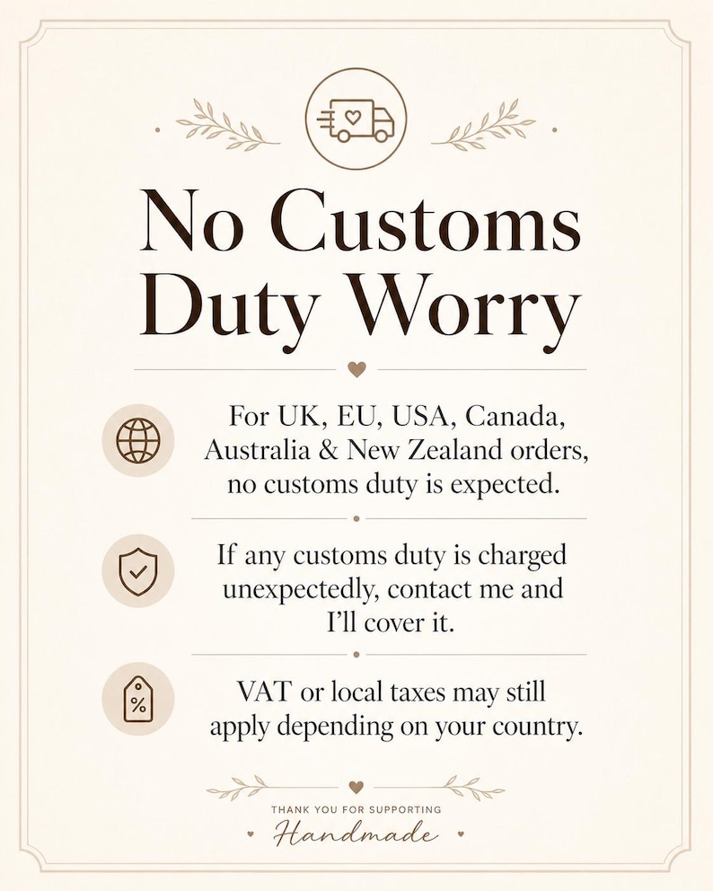 May include: Cream-colored graphic with the text "No Customs Duty Worry." It states no customs duty is expected for orders from the UK, EU, USA, Canada, Australia & New Zealand. It also mentions VAT or local taxes may apply.