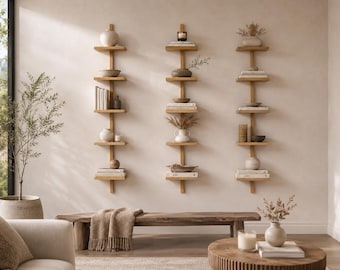 Set of 3 Wooden Vertical Shelves | Japandi Minimalist Narrow Display Trio