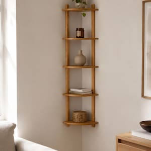 Tall Organic Oval Wooden Corner Shelf | Boho-Chic & Japandi Floating Wall Display image 18