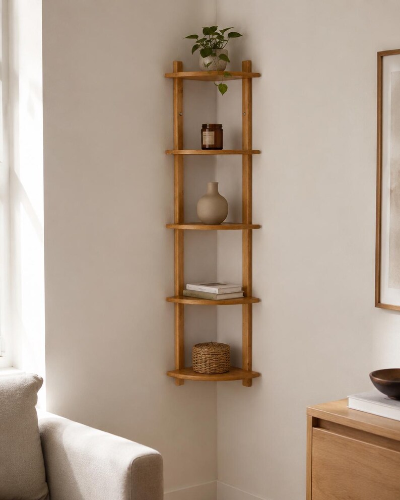 Tall Organic Oval Wooden Corner Shelf | Boho-Chic & Japandi Floating Wall Display image 18