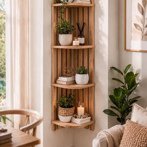 May include: Wooden corner shelving unit with five curved shelves. The shelves display potted plants, candles, books, and decorative items. The unit is made of light-coloured wood and is placed in a corner of a room.