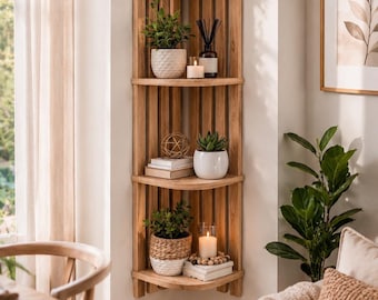Wooden Corner Shelf | Slat Back Plant Display, Rustic Boho Wall Decor