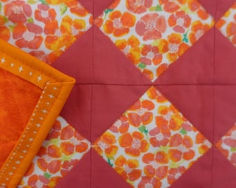Hand Sewn Doll Quilt - Diamond Design, Orange & Floral