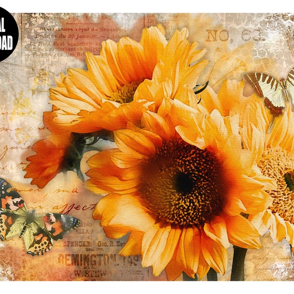 Sunflowers and Butterflies, Sunflowers, Flowers, Collage, Ephemera, Decoupage Paper, Instant Download, Digital, Decoupage, Digital, Transfer