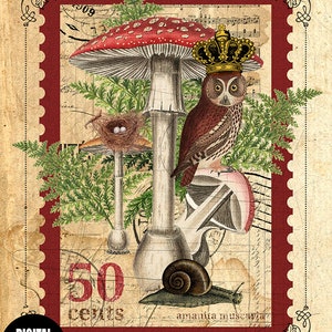 Champignons Collage Impression numérique, Hibou, Champignons, Fougère, Timbre, Nid, Collage, vintage, Antique, Impression, Téléchargement instantané, Téléchargement numérique