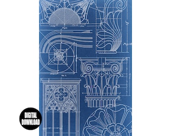 Puede incluir: Una ilustración de estilo plano de arquitecto de detalles arquitectónicos, incluyendo una ventana, una columna y un diseño floral. La imagen está en tonos azules.