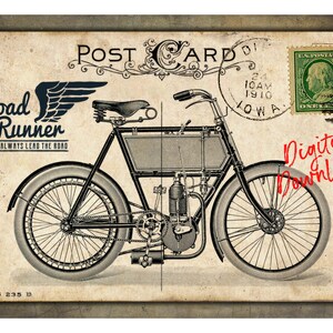 Bicicletta motorizzata vintage su stampa digitale di cartoline, stampa di cartoline di biciclette motorizzate, stampa di biciclette, stampa di motociclette