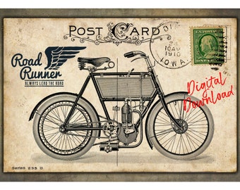 Vintage Motorized Bicycle on Post Card Digital Print, Motorized Bicycle Post Card Print, Bicycle Print, Motorcycle Print