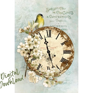 Shabby Floral Clock Collage, Flowers, Clock, Shabby Chic, Instant Download, Digital, Printable, Decoupage, Transfer, Digital Paper, Collage