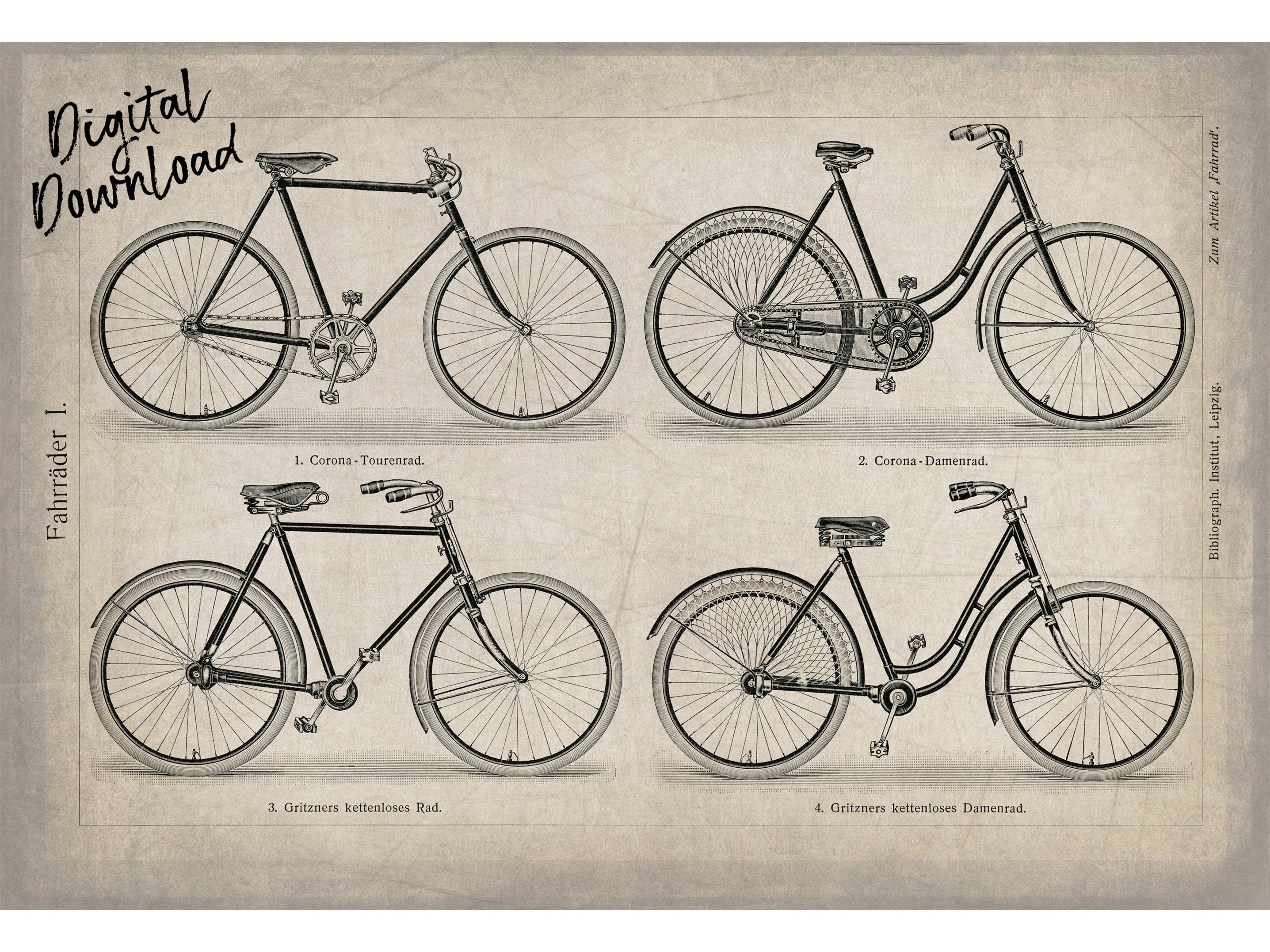 Vintage Antique Bicycles Digital Download, Bicycle Printable, Digital ...