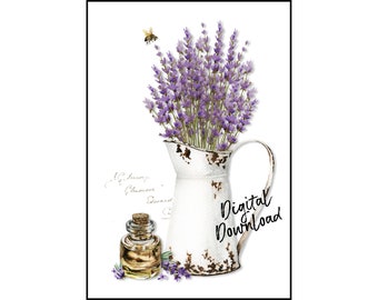 Purple Lavender in Vintage White Pitcher Digital Download, Watercolor Lavender Digital Print, Watercolor Printable